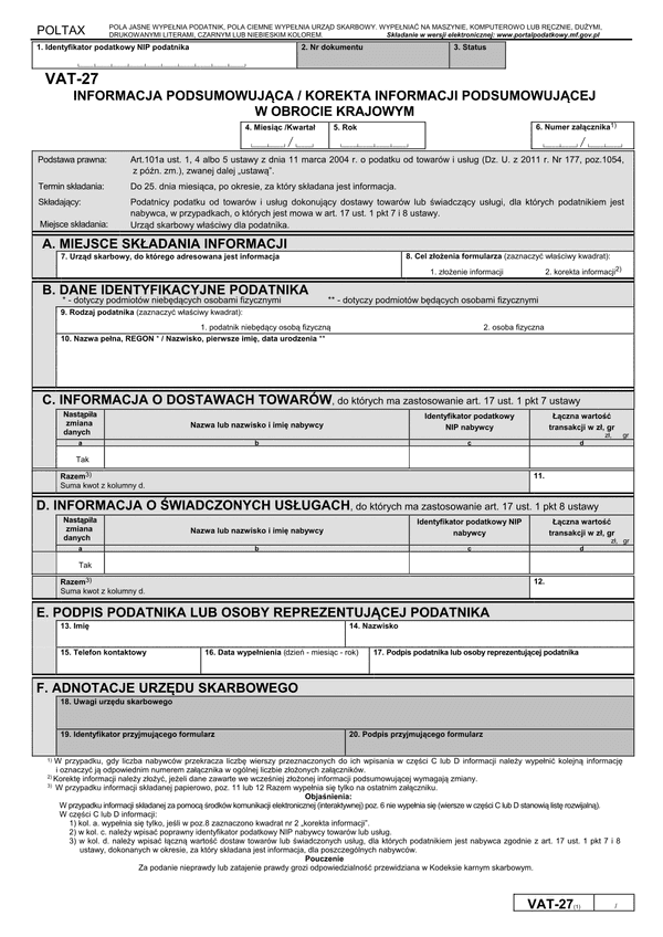 VAT-27K (1) (archiwalny)(kwartalna) Informacja podsumowująca / korekta informacji podsumowującej w obrocie krajowym