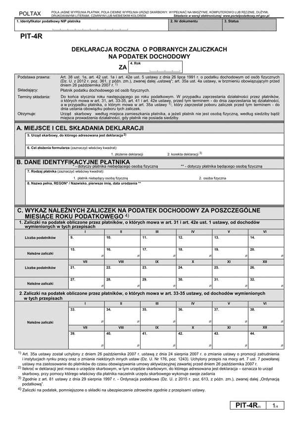 PIT-4R (6) (archiwalny) (2015, 2016) Deklaracja roczna o pobranych zaliczkach na podatek dochodowy