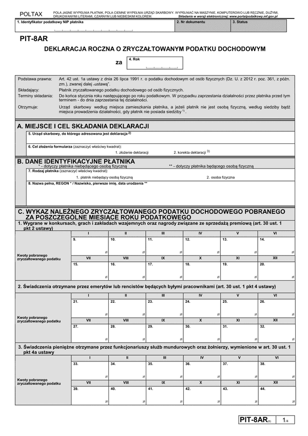 PIT-8AR (6) (archiwalny) (2015, 2016, 2017) Deklaracja roczna o zryczałtowanym podatku dochodowym