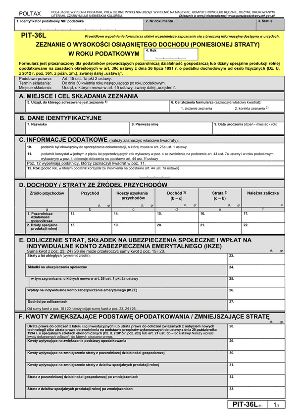 PIT-36L (11) (archiwalny) (2015) Zeznanie o wysokości osiągniętego dochodu (poniesionej straty)