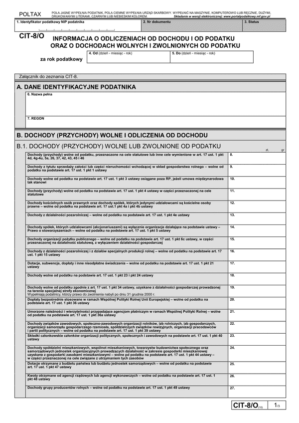 CIT-8/O (10) (archiwalny) Informacja o odliczeniach od dochodu i od podatku oraz o dochodach wolnych i zwolnionych od podatku