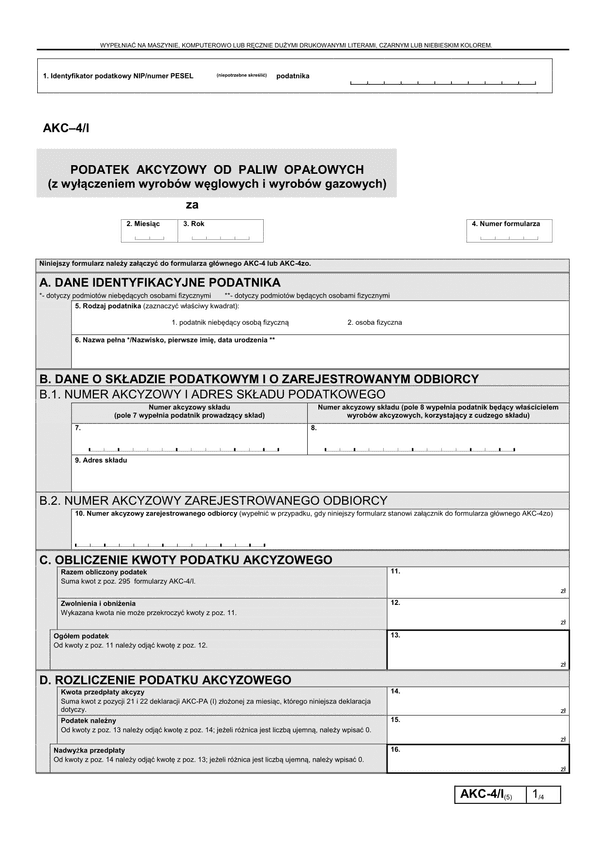 AKC-4/I (5) (archiwalny) Podatek akcyzowy od paliw opałowych (z wyłączeniem wyrobów węglowych i wyrobów gazowych)