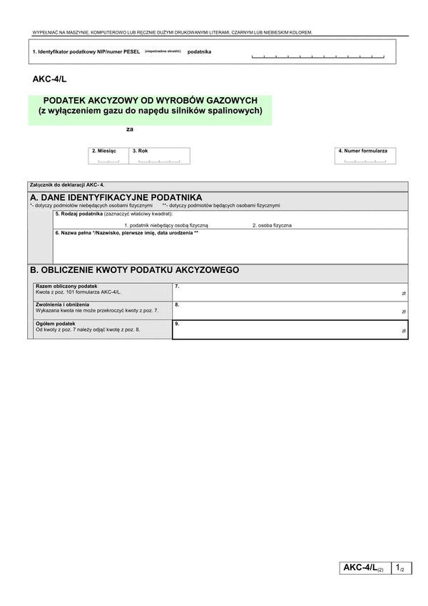 AKC-4/L (2) (archiwalny) Podatek akcyzowy od wyrobów gazowych (z wyłączeniem gazu do napędu silników spalinowych)