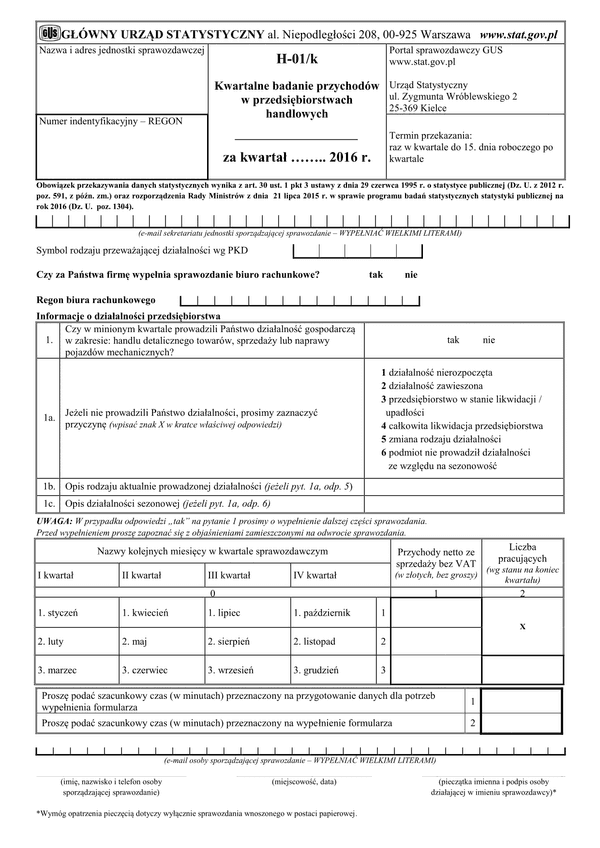 GUS H-01/k (archiwalny) (2016) Kwartalne badanie przychodów w przedsiębiorstwach handlowych