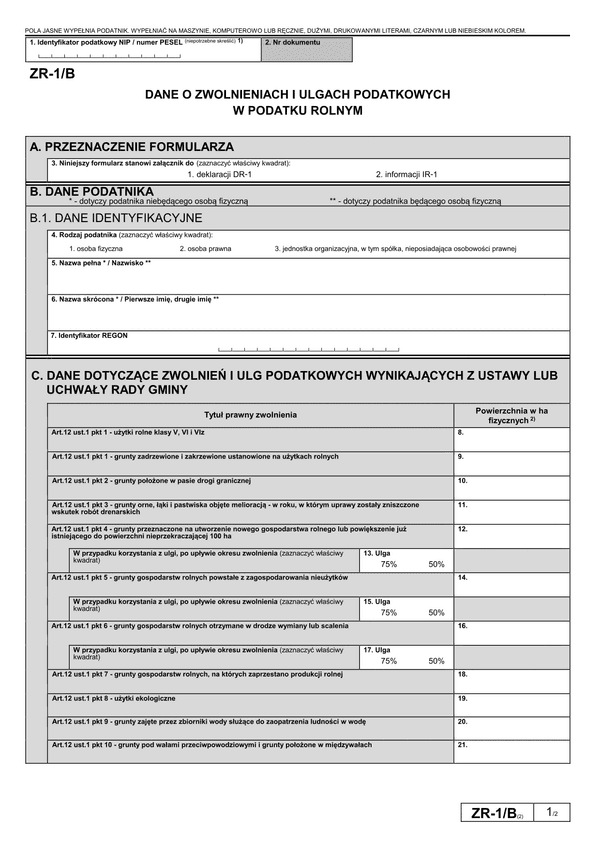 ZR-1/B  (2) (archiwalny) Dane o zwolnieniach i ulgach podatkowych w podatku rolnym