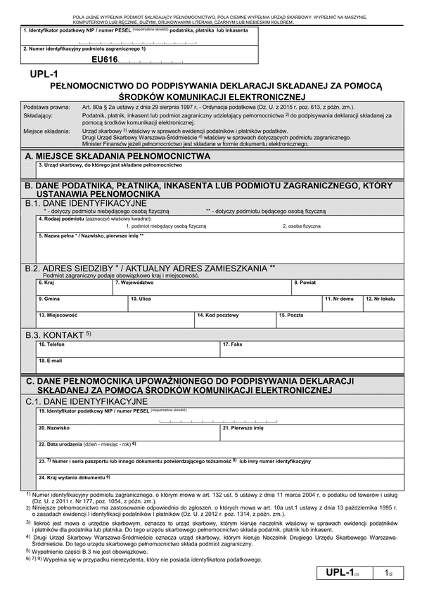 UPL-1 (3) (archiwalny) (od 2016) Pełnomocnictwo do podpisywania deklaracji składanej za pomocą środków komunikacji elektronicznej