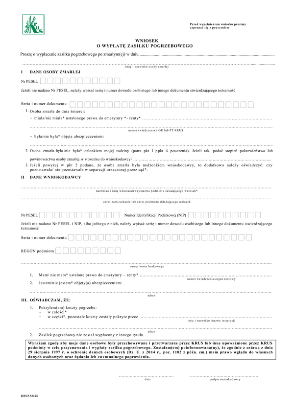 KRUS SR-26 (archiwalny) Wniosek o wypłatę zasiłku pogrzebowego