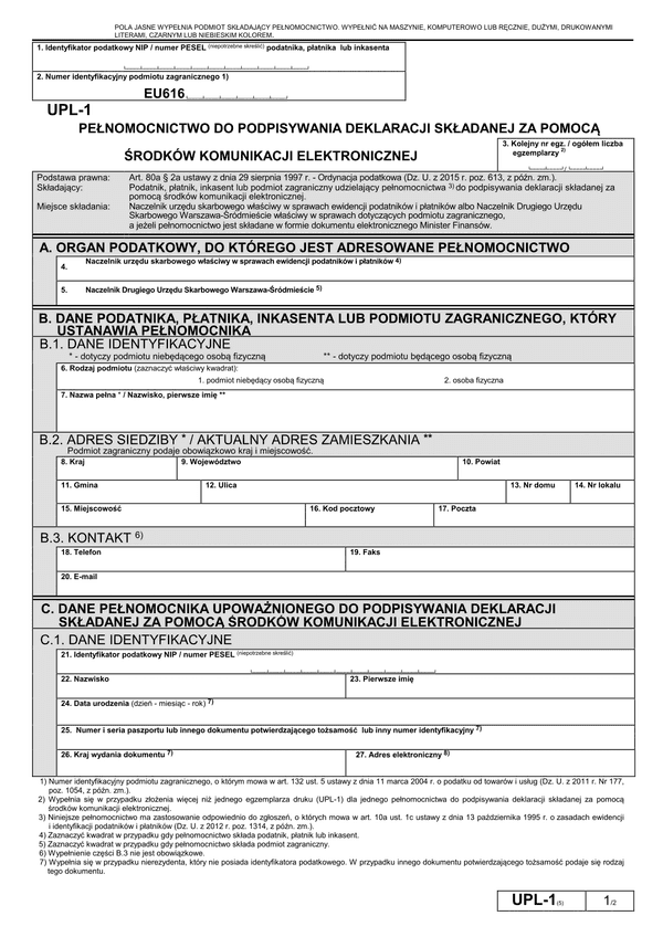 UPL-1 (5) (archiwalny) (od 2016) Pełnomocnictwo do podpisywania deklaracji składanej za pomocą środków komunikacji elektronicznej