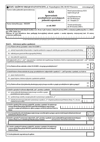 GUS KZZ (2025) Sprawozdanie przedsiębiorstw posiadających jednostki zagraniczne 