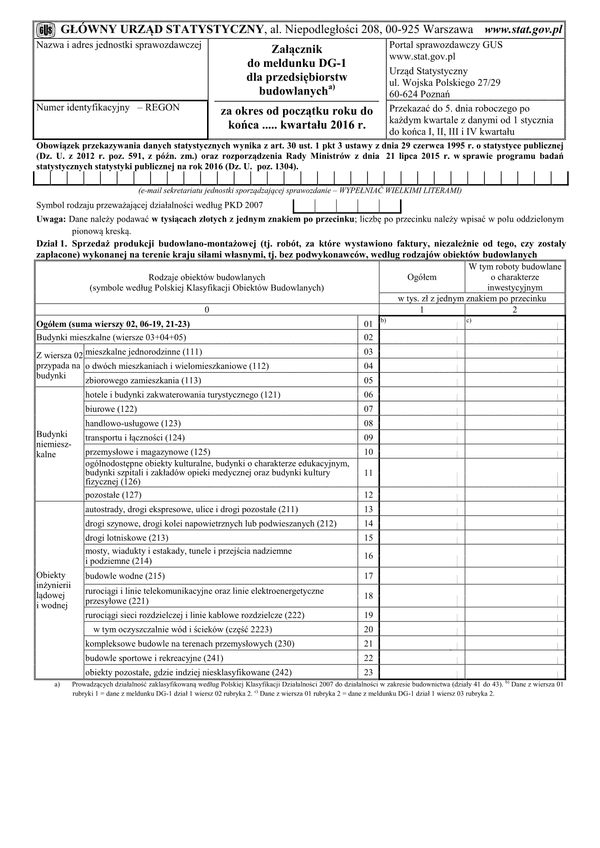 GUS DG-1 ZAŁ (2016) (archiwalny) Załącznik do meldunku DG-1 dla przedsiębiorstw budowlanych