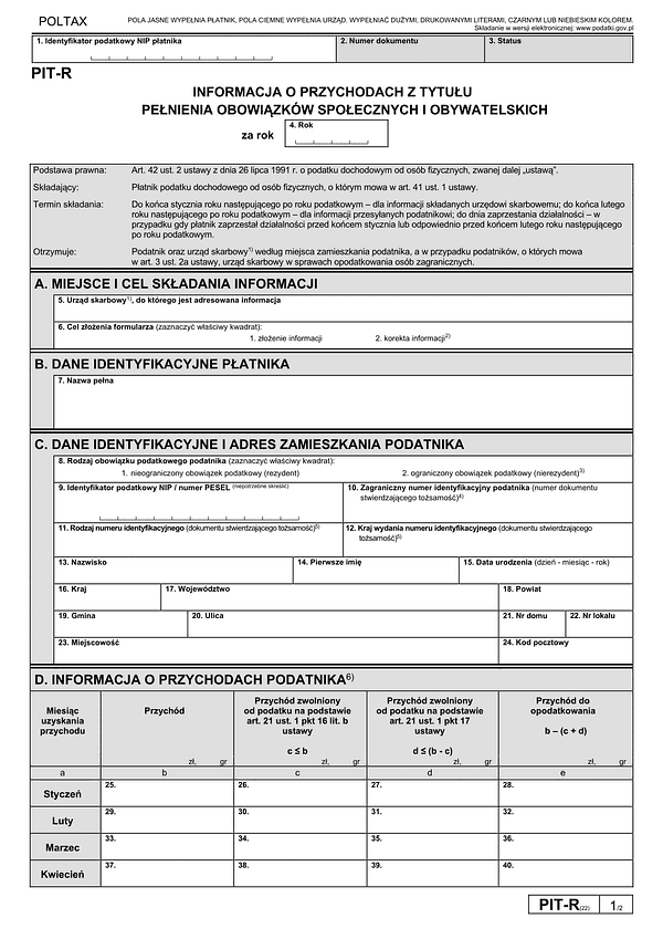 PIT-R (22) (2026) Informacja o wypłaconych podatnikowi kwotach z tytułu pełnienia obowiązków społecznych i obywatelskich (PIT-R / PIT-RZ) 
