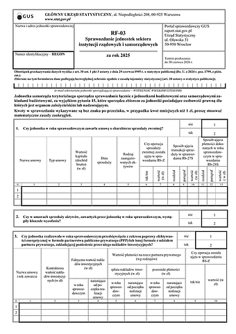 GUS RF-03 (2025) Sprawozdanie jednostek sektora instytucji rządowych i samorządowych