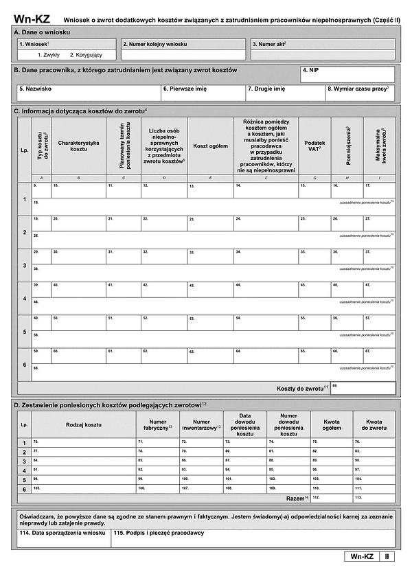 PFRON WN-KZ(II) (od I 2026) Wniosek o zwrot dodatkowych kosztów związanych z zatrudnianiem pracowników niepełnosprawnych (część II)