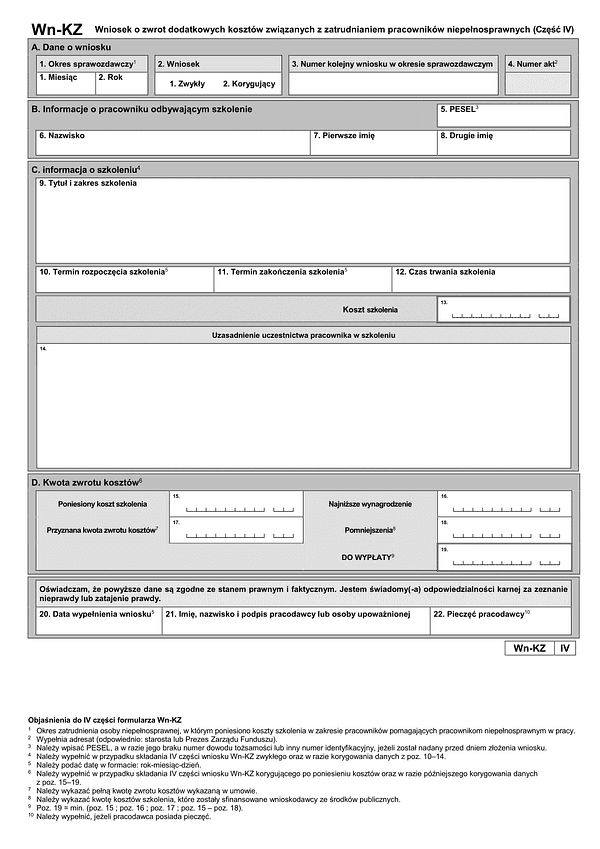 PFRON WN-KZ(IV) (od I 2026) Wniosek o zwrot dodatkowych kosztów związanych z zatrudnianiem pracowników niepełnosprawnych (część IV)
