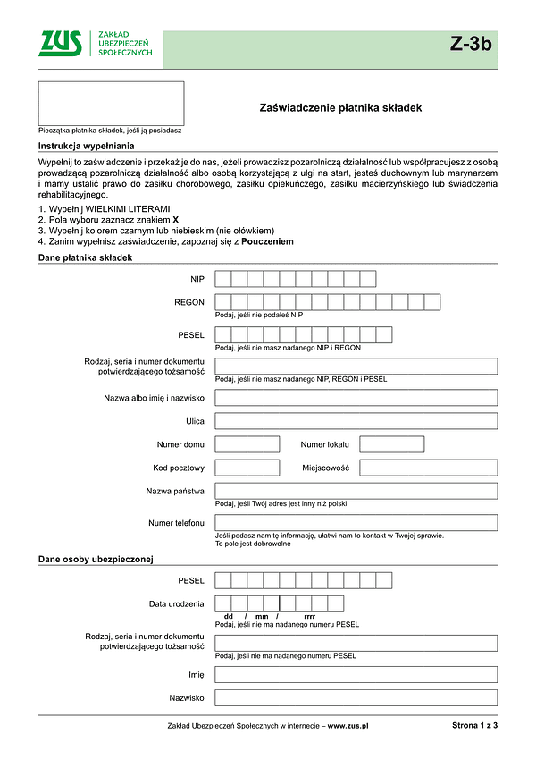 ZUS Z-3b Zaświadczenie płatnika składek - wersja papierowa