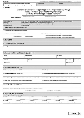 CIT-8AB (9) Zeznanie o wysokości osiągniętego dochodu (poniesionej straty) przez podatkową grupę kapitałową - podatnika podatku dochodowego od osób prawnych