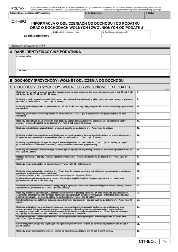 CIT-8/O (11) (archiwalny) Informacja o odliczeniach od dochodu i od podatku oraz o dochodach wolnych i zwolnionych od podatku