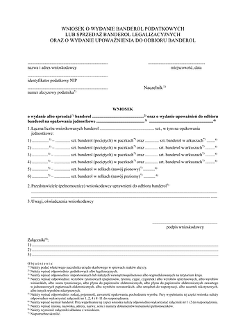 Wniosek o wydanie banderol podatkowych lub sprzedaż banderol legalizacyjnych oraz o wydanie upoważnienia do odbioru banderol