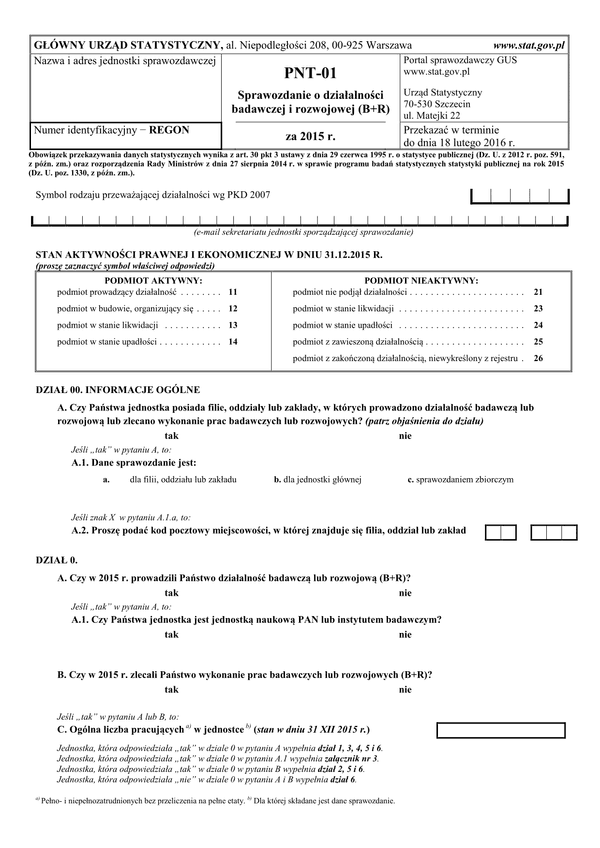 GUS PNT-01 (archiwalny) (2015) Sprawozdanie o działalności badawczej i rozwojowej za 2015 r.