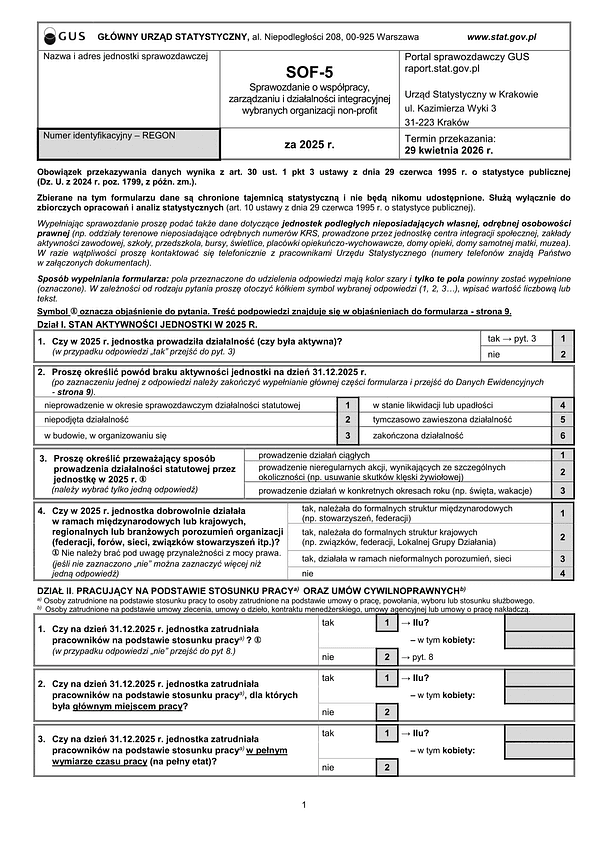GUS SOF-5 (2025) Sprawozdanie o współpracy, zarządzaniu i działalności integracyjnej wybranych organizacji non-profit