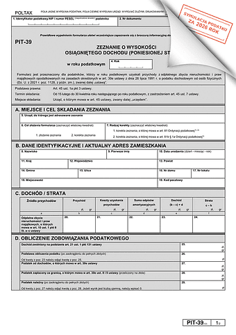 PIT-39 (12) (2026) Zeznanie o wysokości osiągniętego dochodu (poniesionej straty)