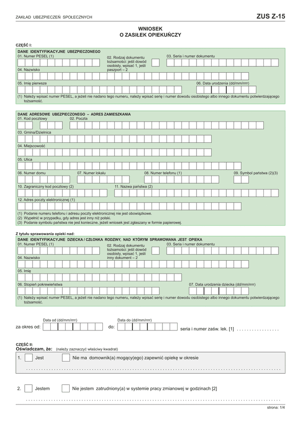 ZUS Z-15 (archiwalny) Oświadczenie dla celów wypłaty zasiłku opiekuńczego