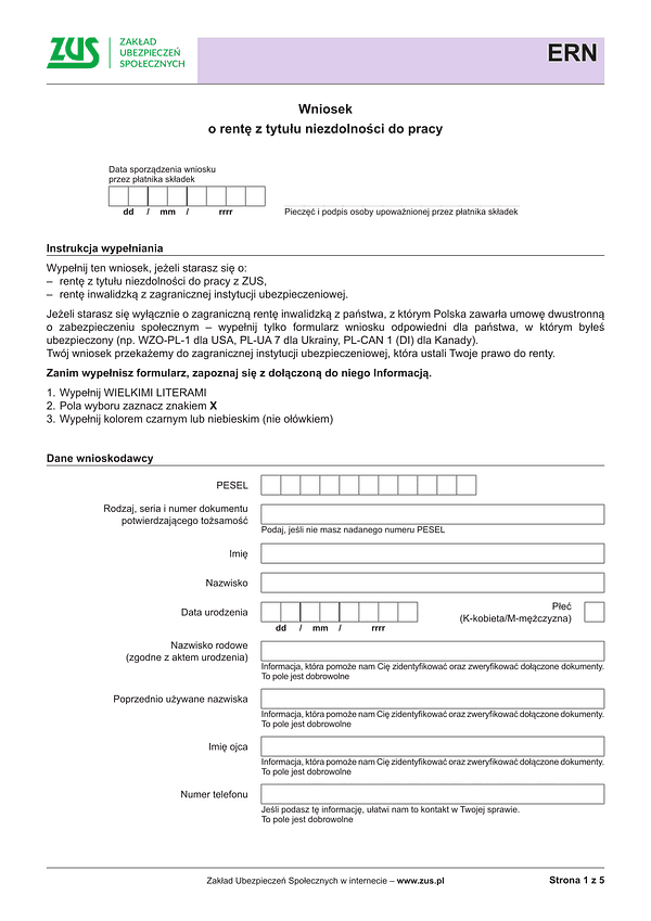 ZUS ERN Wniosek o rentę z tytułu niezdolności do pracy - wersja papierowa