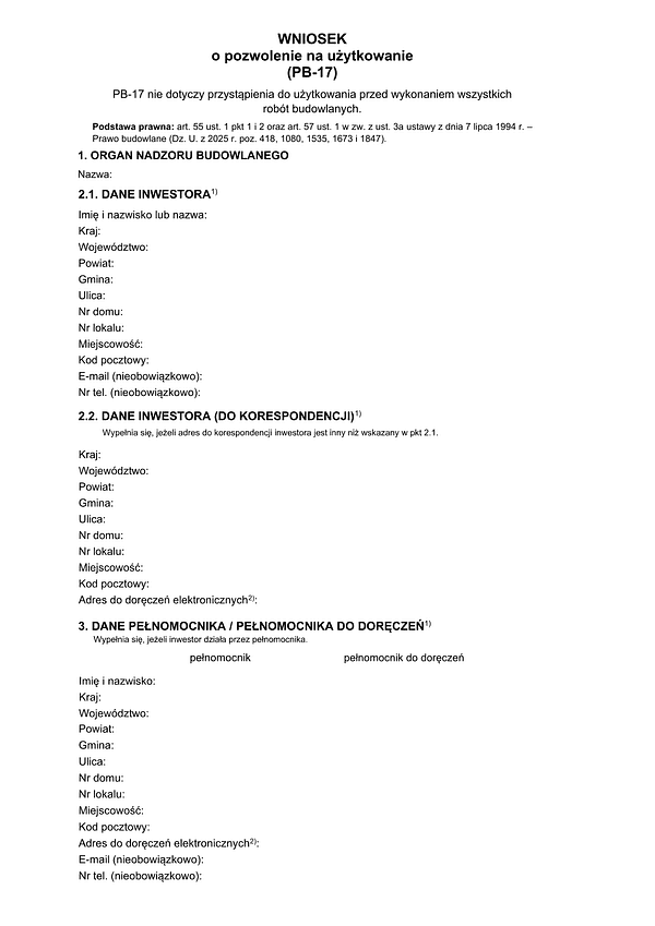 PB-17 Wniosek o pozwolenie na użytkowanie