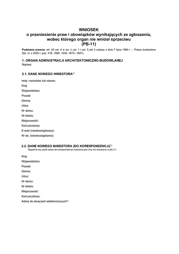PB-11 Wniosek o przeniesienie praw i obowiązków wynikających ze zgłoszenia, wobec którego organ nie wniósł sprzeciwu