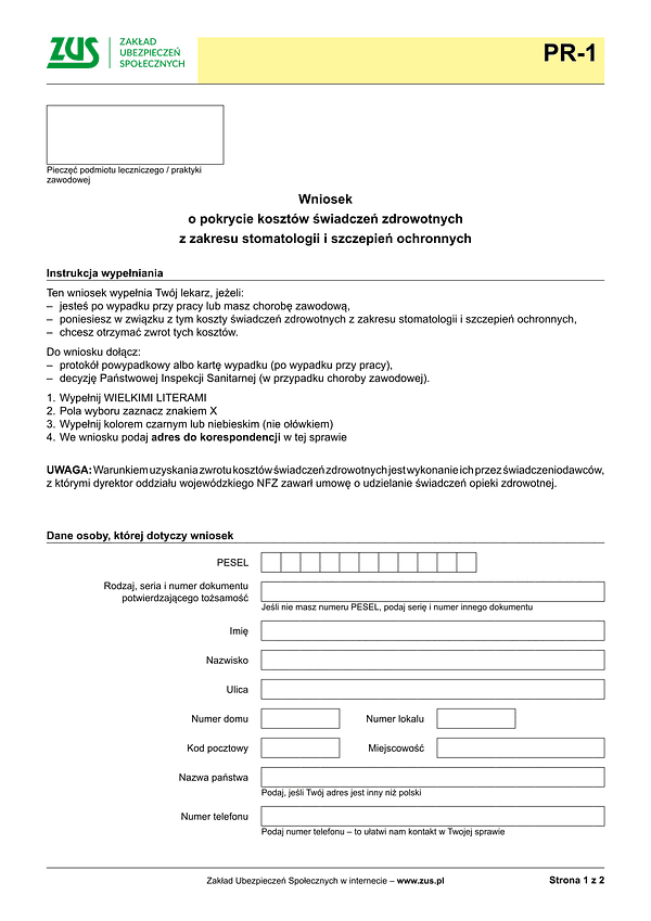 ZUS PR-1 Wniosek o pokrycie kosztów świadczeń zdrowotnych