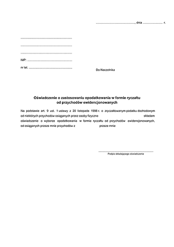 OoZOR Oświadczenie o zastosowaniu opodatkowania w formie ryczałtu od przychodów ewidencjonowanych (dla prowadzących działalność gospodarczą)