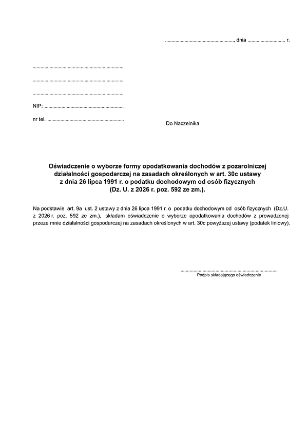 OoWOD Oświadczenie o wyborze opodatkowania dochodów z pozarolniczej działalności gospodarczej na zasadach określonych w art. 30c ustawy z dnia 26 lipca 1991 o podatku dochodowym od osób fizycznych