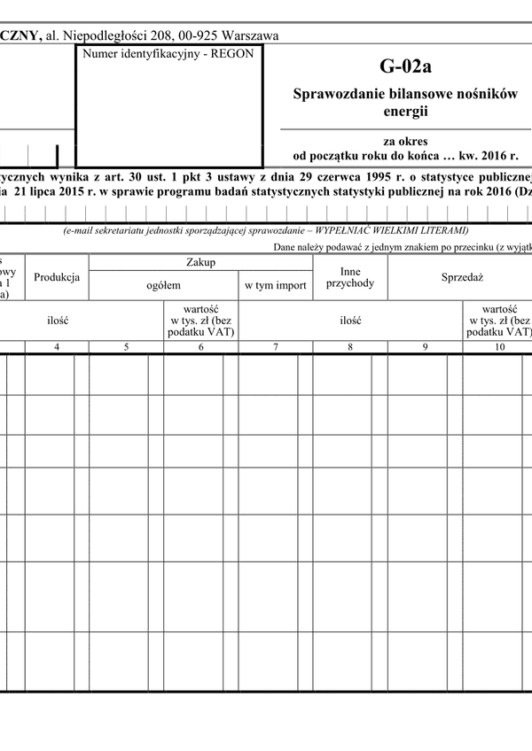 GUS G-02a (archiwalny) (2016) Sprawozdanie bilansowe nośników energii