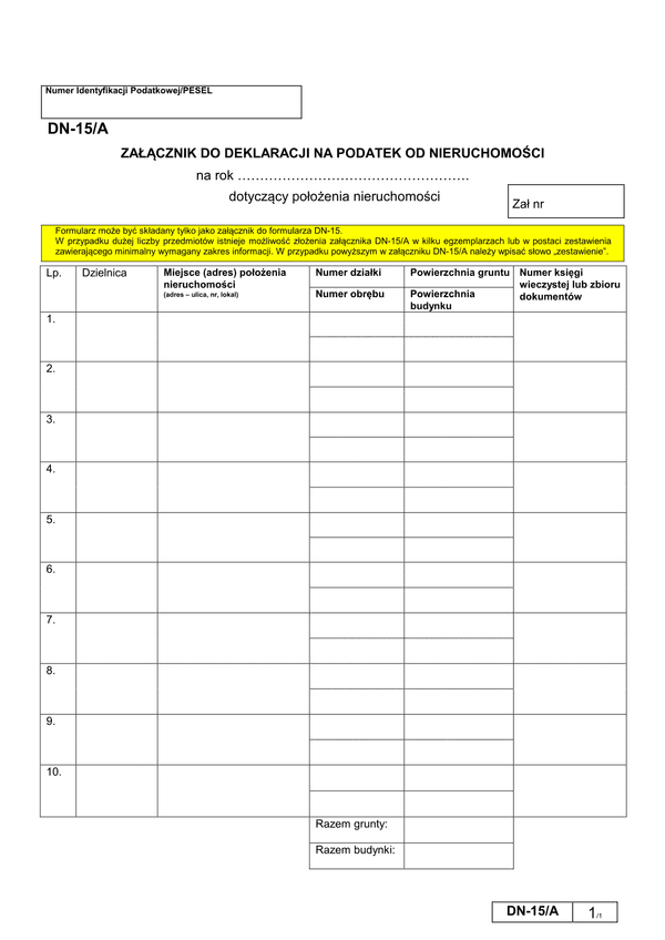 DN-15/A (archiwalny) Załącznik do deklaracji na podatek od nieruchomości - Warszawa