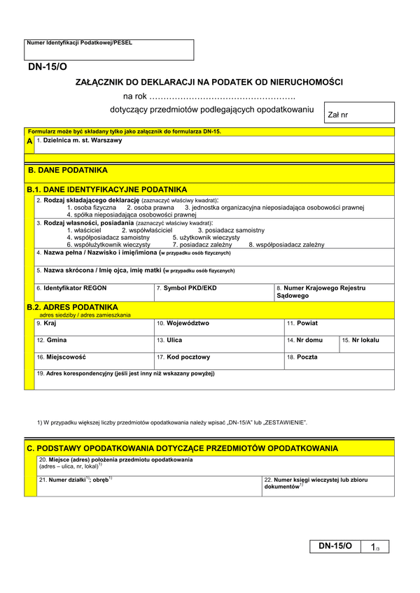 DN-15/O (archiwalny) Załącznik do deklaracji na podatek od nieruchomości dotyczący przedmiotów podlegających opodatkowaniu - Warszawa