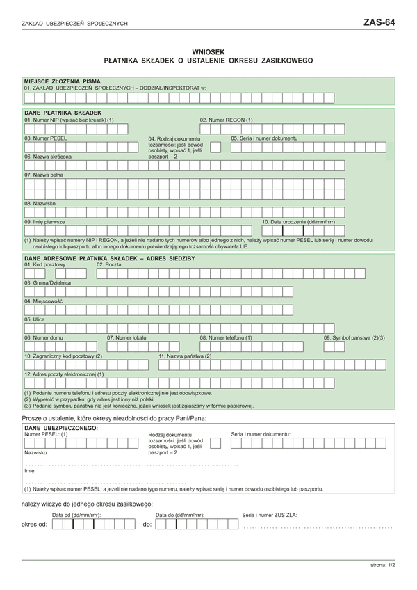 ZUS ZAS-64 (archiwalny) Wniosek płatnika składek o ustalenie okresu zasiłkowego