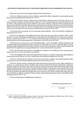 PoUTAPK Pouczenie o uprawnieniach tymczasowo aresztowanego w postępowaniu karnym