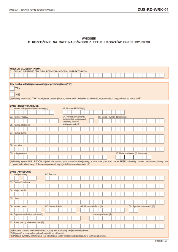 ZUS-RD-WRK-01 (archiwalny) Wniosek o rozłożenie na raty należności z tytułu kosztów egzekucyjnych