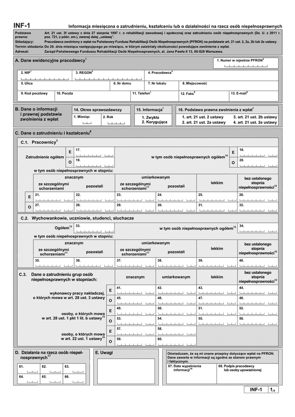 PFRON INF-1 (archiwalny) Informacja miesięczna o zatrudnieniu, kształceniu lub o działalności na rzecz osób niepełnosprawnych