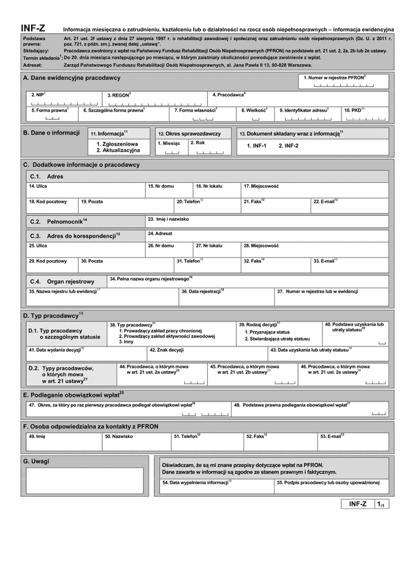 PFRON INF-Z (archiwalny) Informacja miesięczna o zatrudnieniu, kształceniu lub o działalności na rzecz osób niepełnosprawnych załącznik informacji miesięcznej - informacja ewidencyjna
