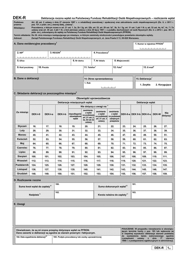 PFRON DEK-R (archiwalny) Deklaracja roczna wpłat na Państwowy Fundusz Rehabilitacji Osób Niepełnosprawnych - rozliczenie wpłat