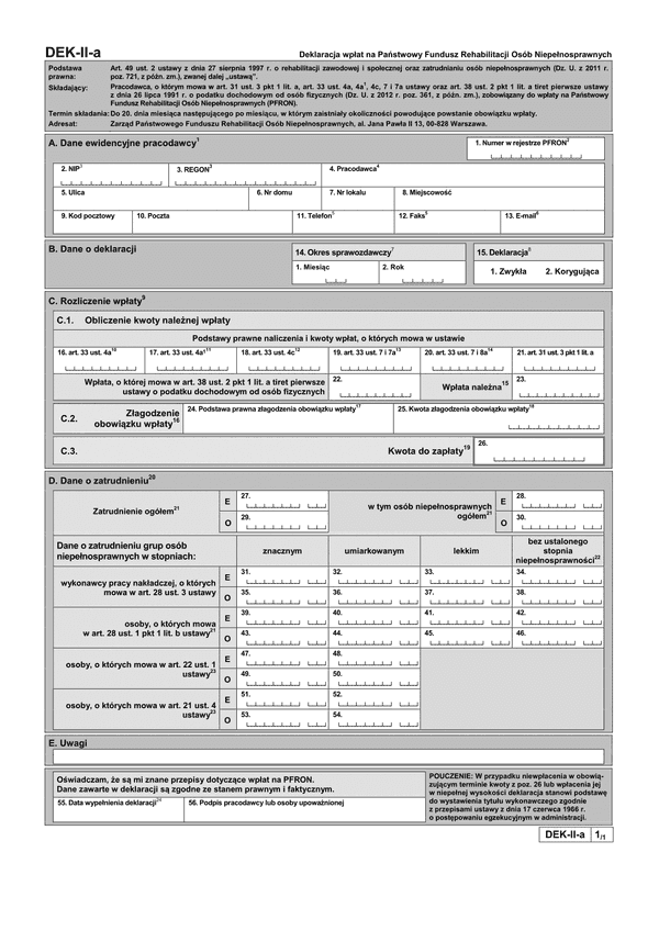 PFRON DEK-II-a (archiwalny) Deklaracja wpłat na Państwowy Fundusz Rehabilitacji Osób Niepełnosprawnych