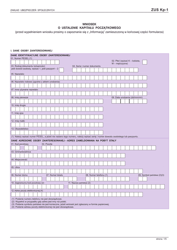 ZUS KP-1 (archiwalny) (od VI 2016) Wniosek o ustalenie kapitału początkowego