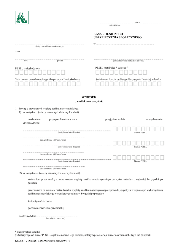 KRUS SR-24A (archiwalny) Wniosek o zasiłek macierzyński