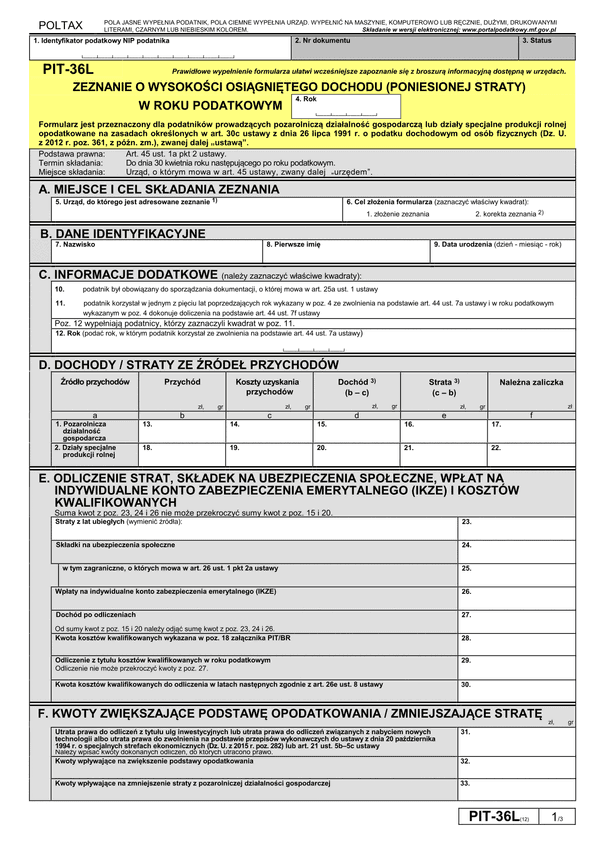 PIT-36L (12) (archiwalny) (2016) Zeznanie o wysokości osiągniętego dochodu (poniesionej straty)