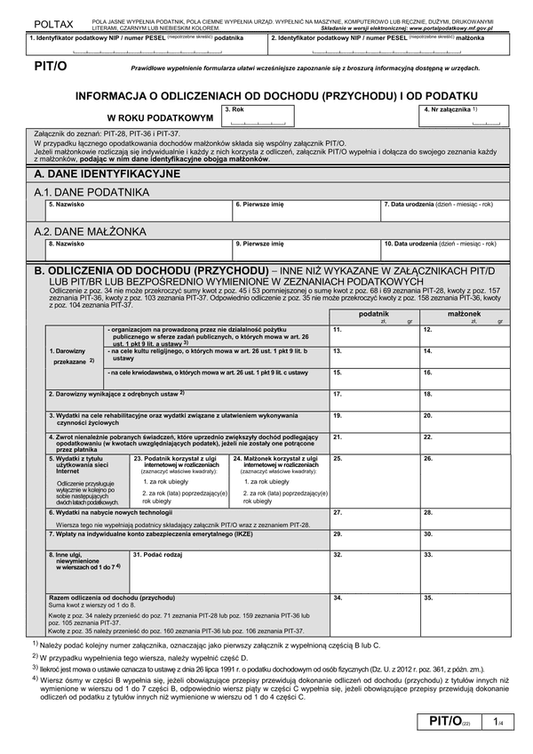 PIT/O (22) (archiwalny) (2016-2017) Informacja o odliczeniach od dochodu (przychodu) i od podatku w roku podatkowym