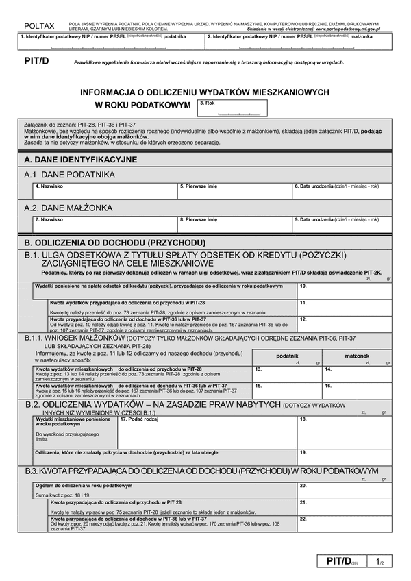 PIT/D (26) (archiwalny) (2016-2017) Informacja o odliczeniu wydatków mieszkaniowych w roku podatkowym