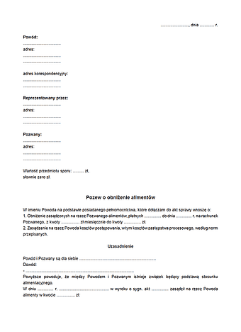 WoOA Pozew o obniżenie alimentów