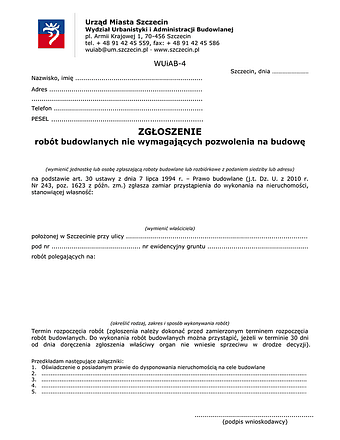 ZRB-Sz Zgłoszenie robót budowlanych nie wymagających pozwolenia na budowę Szczecin