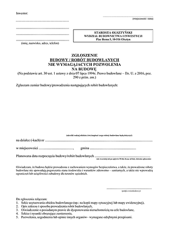 ZRB-Ol Zgłoszenie budowy/robót budowlanych nie wymagających pozwolenia na budowę Olsztyn
